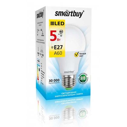 Светодиодная лампа Smartbuy А60 цоколь: Е27, мощность: 5Вт, тёплый 3000К, д/ в 60х110 мм.  (SBL-A60-05-30K-E27-A)