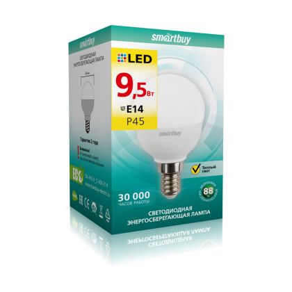 Светодиодная лампа Smartbuy P45 цоколь: Е14, мощность: 9,5Вт, теплый 3000К, 760 Лм, д/ в 45x80 мм.  (SBL-P45-9_5-30K-E14)