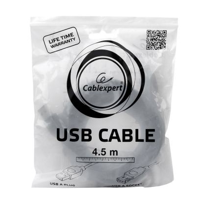 Кабель удлинитель USB 2.0 4,5м, Gembird/ Cablexpert экранированный, позолоченные контакты, черный (CCP-USB2-AMAF-15C) пакет.