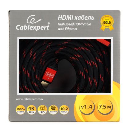Кабель HDMI 7.5м Gembird/ Cablexpert v1.4 красный, нейлоновая оплетка, позол. разъемы, экран, коробка (CC-G-HDMI02-7.5M)