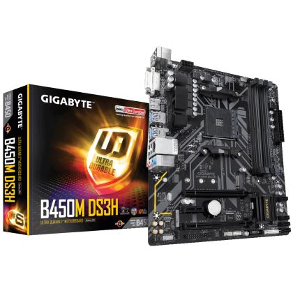 Материнская плата Gigabyte sAM4: B450M DS3H [AMD B450, 4*DDR4, 2*PCIEx16, 1*PCIEx1, 4*Sata3, 4 порта*USB3, DVI, HDMI, microATX]