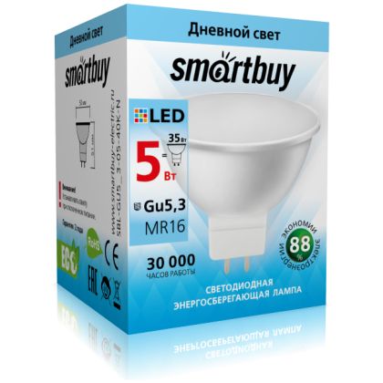 Светодиодная лампа Smartbuy GU5,3 цоколь: GU5.3, мощность: 5Вт, дневной свет 4000К, 400 лм, д/ в 50x50 мм. (SBL-GU5_3-05-40K-N)