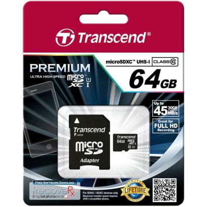 Карта памяти microSDXC 64Gb Transcend Class10 UHS-I Premium + SD adapter [TS64GUSDU1]