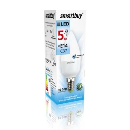 Светодиодная лампа Smartbuy C37 цоколь: Е14, мощность: 5Вт, холодный 4000К, 400 Лм, д/ в (мм) 37x100 (SBL-C37-05-40K-E14)