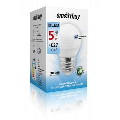 Светодиодная лампа Smartbuy G45 цоколь: Е27, мощность: 5Вт, холодный 4000К, 400 Лм, д/ в (мм) 45x80 (SBL-G45-05-40K-E27)
