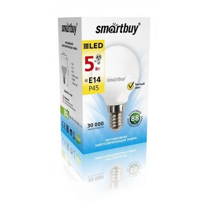 Светодиодная лампа Smartbuy P45 цоколь: Е14, мощность: 5Вт, теплый 3000К, 350 Лм, д/ в (мм) 45x80 (SBL-P45-05-30K-E14)