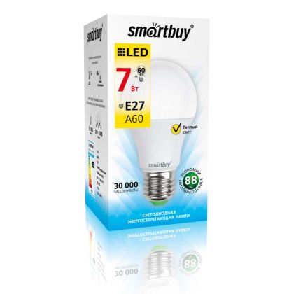 Светодиодная лампа Smartbuy A60 цоколь: Е27, мощность: 7Вт, теплый 3000К, 450 Лм, д/ в 60х110 мм.  (SBL-A60-07-30K-E27-N)