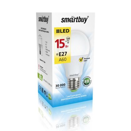 Светодиодная лампа Smartbuy A60 цоколь: Е27, мощность: 15Вт, теплый 3000К, 1400 Лм, д/ в 60x119 мм.  (SBL-A60-15-30K-E27)
